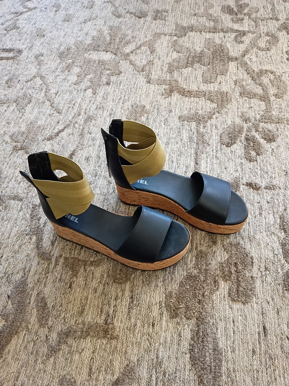 SOREL Cameron Flatform Wedge Sandals Black Tan Elastic Ankle Strap Leather S 7